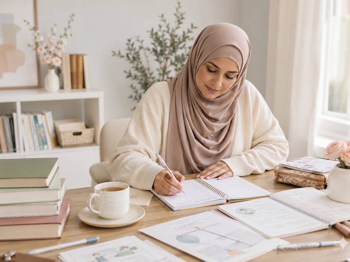 Muslim mother planning her homeschool day at a calm desk with notebooks and Islamic resources
