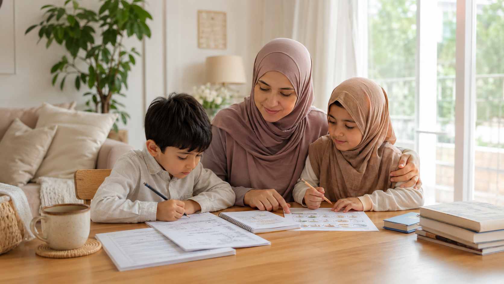 Muslim mother teaching her children with printable Islamic homeschool resources